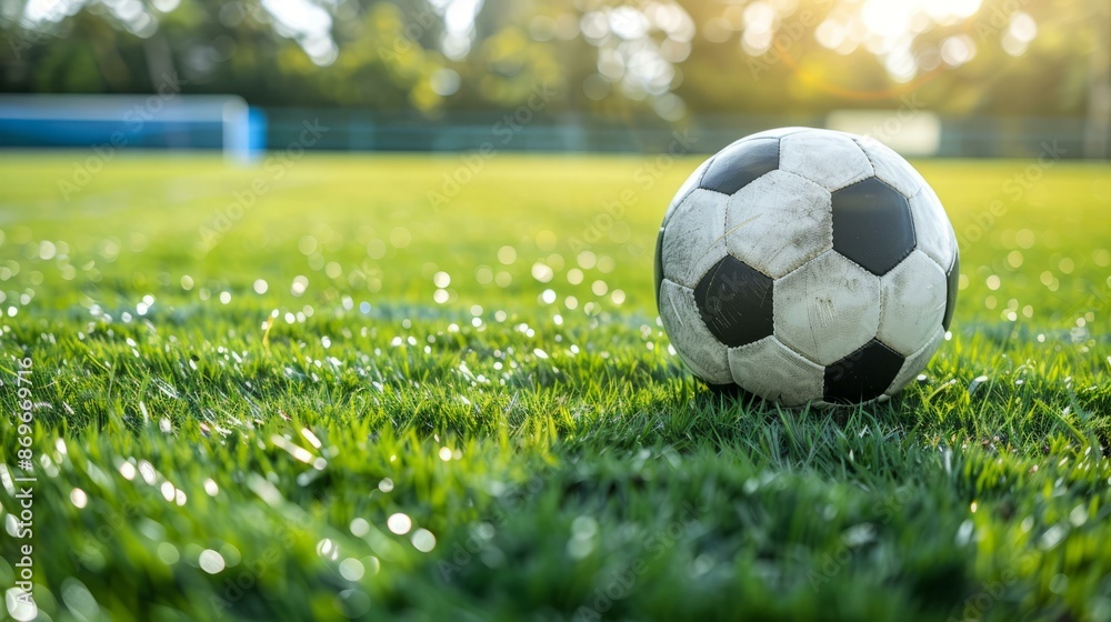 Soccer ball on green field, ready for game. Classic black and white soccer ball on a lush green field, bathed in golden sunlight. Perfect for sports, fitness, and competition themes. Soccer ball on green field, ready for game. Classic black and white soccer ball on a lush green field, bathed in golden sunlight. Perfect for sports, fitness, and competition themes.
