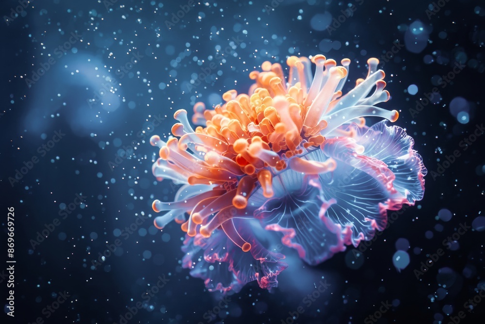 Obraz premium A translucent, glowing coral reef flower, floating in space. Macro photography, isolated on dark blue background.