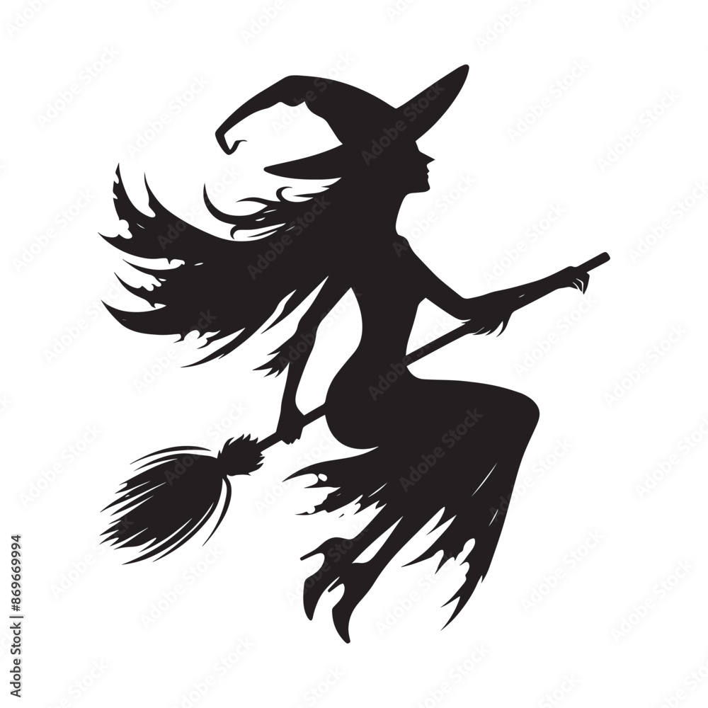 Halloween witch silhouette with broomstick, hats and magic pot vector illustration isolated on white background Halloween witch silhouette with broomstick, hats and magic pot vector illustration isolated on white background