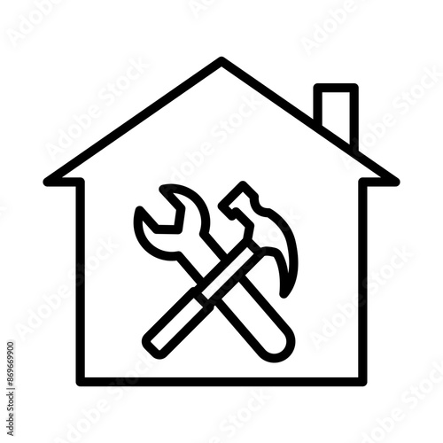 House with wrench repair icon linear logo mark in black and white