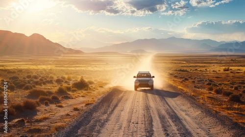 Desert road trip adventure. A white SUV driving on a dusty road through a vast desert landscape at sunset, creating a sense of adventure and freedom. © Lull