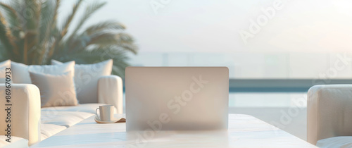 A laptop is open on a table in front of a white couch by AI generated image