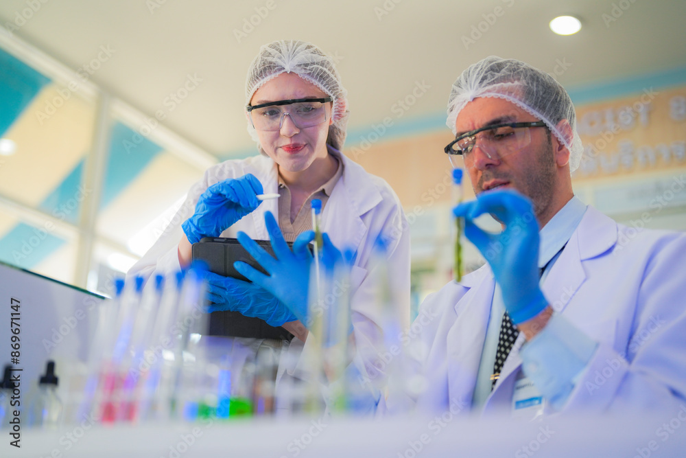scientists perform experiments and record data. people arranges equipment with test tubes and chemicals for producing medicine and biochemistry. man hold tubes of chemical liquids and plant samples. scientists perform experiments and record data. people arranges equipment with test tubes and chemicals for producing medicine and biochemistry. man hold tubes of chemical liquids and plant samples.