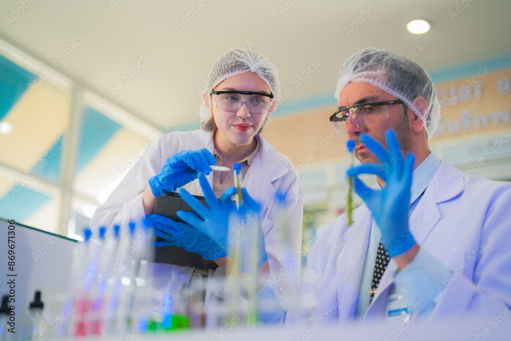 scientists perform experiments and record data. people arranges equipment with test tubes and chemicals for producing medicine and biochemistry. man hold tubes of chemical liquids and plant samples. scientists perform experiments and record data. people arranges equipment with test tubes and chemicals for producing medicine and biochemistry. man hold tubes of chemical liquids and plant samples.
