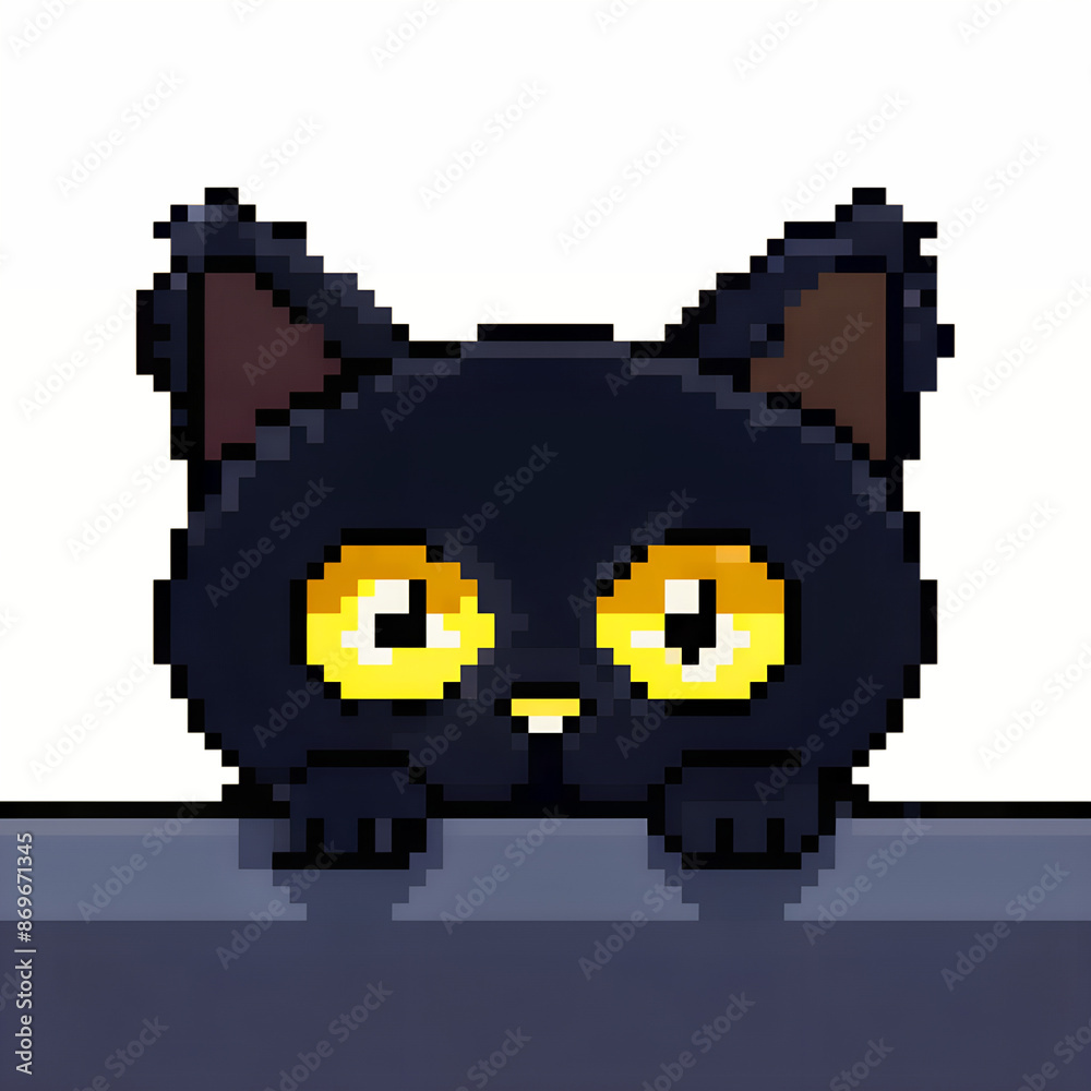 Fototapeta premium Cute pixel art black cat with bright yellow eyes against a colorful background. Perfect for digital art, gaming, and design projects.