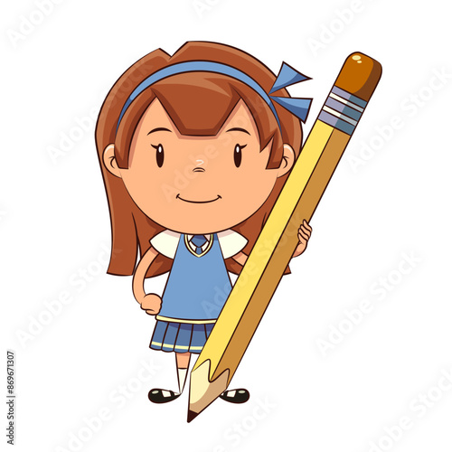 Child student holding big pencil, blue school uniform