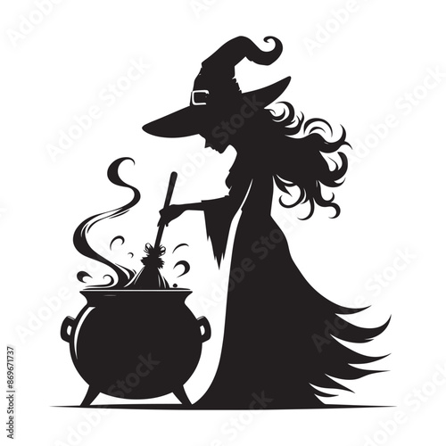 Halloween witch silhouette with broomstick, hats and magic pot vector illustration isolated on white background photo