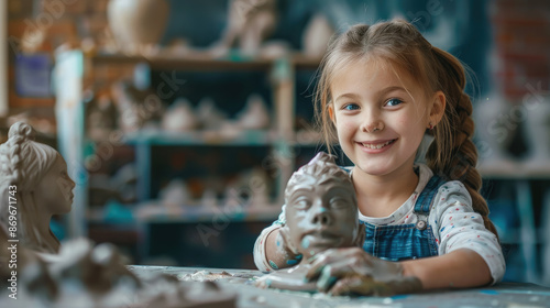 little smiling girl sculpts figures from clay in a pottery workshop, child, children, handmade, craft, potter, student, studio, school, creativity, kid, skill, master class, sculptor, ceramics, people