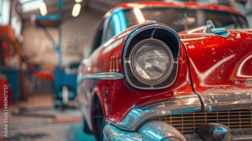A close-up photo of the headlight and front end of a red classic car in a garage setting. The car is a classic American model with chrome accents and a classic design.