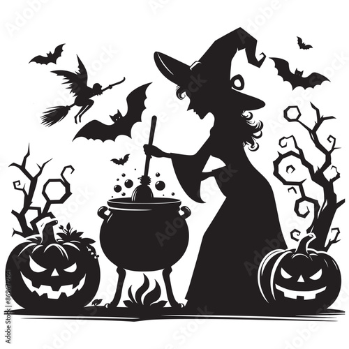 Halloween witch silhouette with broomstick, hats and magic pot vector illustration isolated on white background