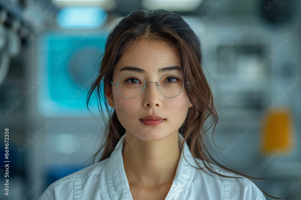 A composed woman scientist with glasses, in a lab setting, wearing a white coat. She has a serious expression, and the background is filled with lab equipment A composed woman scientist with glasses, in a lab setting, wearing a white coat. She has a serious expression, and the background is filled with lab equipment