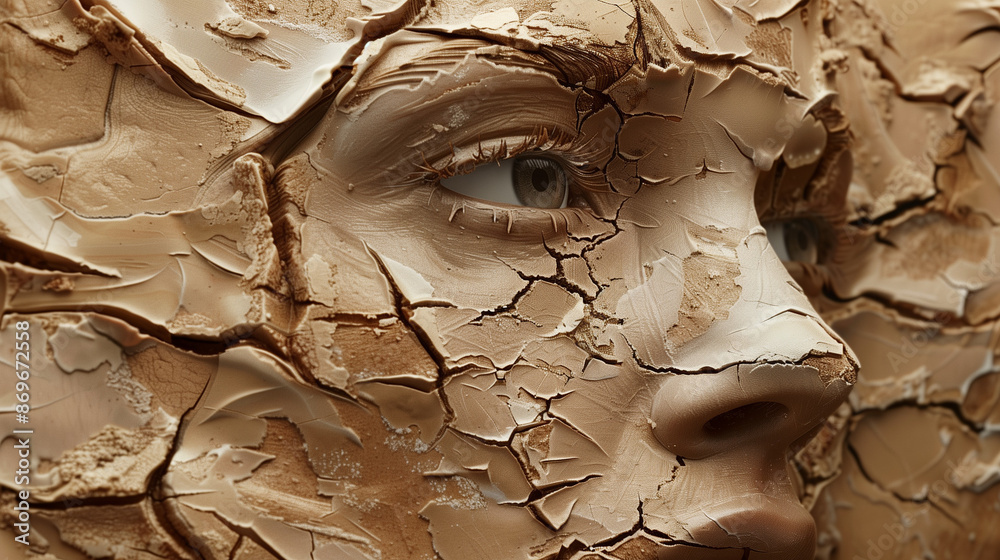 A shell of clay, cracked and revealing an inner emptiness, a symbolic metaphor for despair and dissipation. A shell of clay, cracked and revealing an inner emptiness, a symbolic metaphor for despair and dissipation.