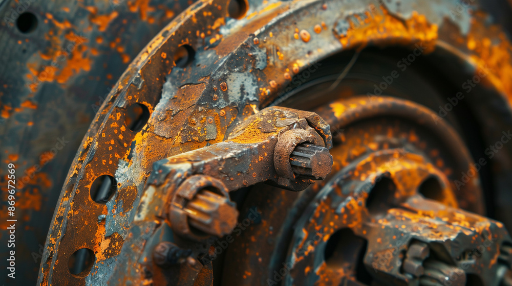 A detailed close-up of rusty and degraded brake pads that clearly show signs of wear and use. A detailed close-up of rusty and degraded brake pads that clearly show signs of wear and use.