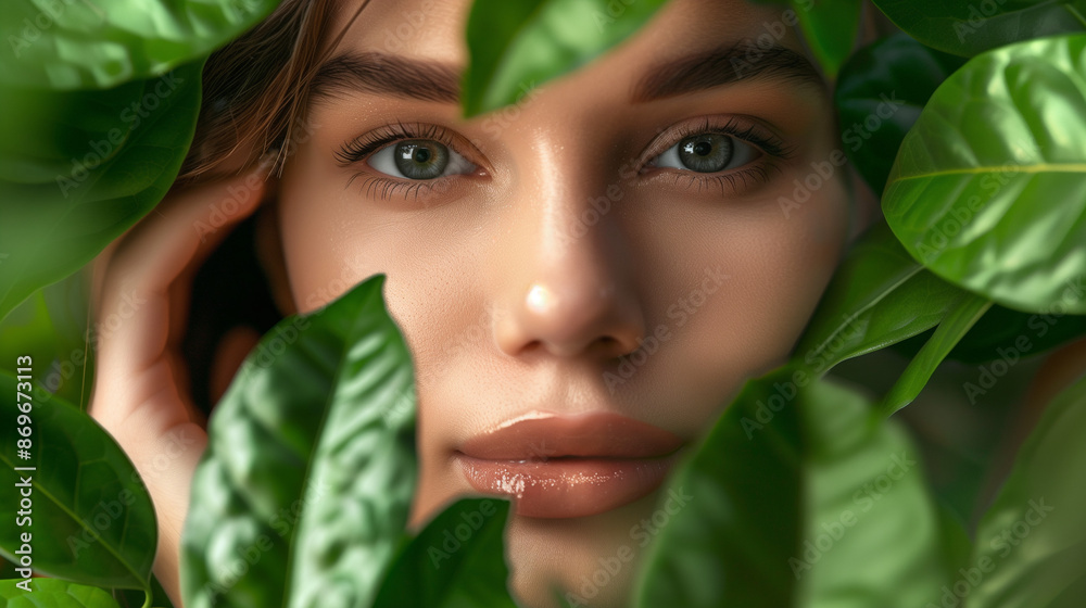 Close-up of a woman, surrounded by fresh green leaves, applying natural green tea serum to her face. Soft lighting highlights her healthy skin. Close-up of a woman, surrounded by fresh green leaves, applying natural green tea serum to her face. Soft lighting highlights her healthy skin.