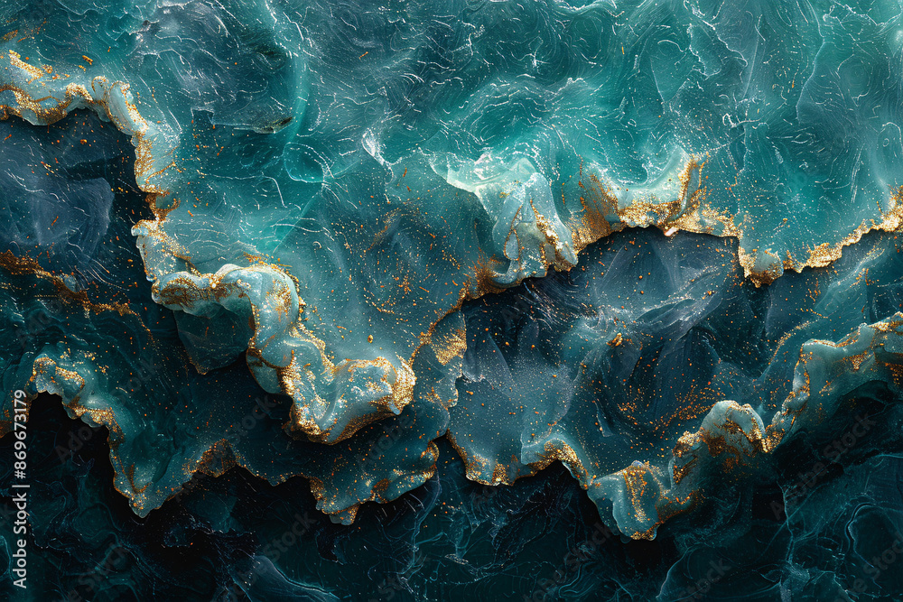 A mesmerizing abstract design with swirling teal and dark blue marble waves, accented by shimmering gold flecks, resembling a cosmic ocean landscape A mesmerizing abstract design with swirling teal and dark blue marble waves, accented by shimmering gold flecks, resembling a cosmic ocean landscape