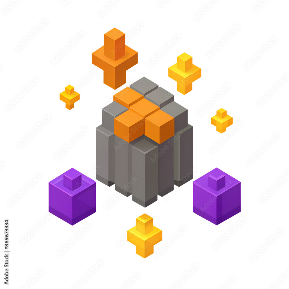 Fototapeta premium Isometric pixel art illustration of a blocky stone structure surrounded by floating yellow and purple cubes against a transparent background.
