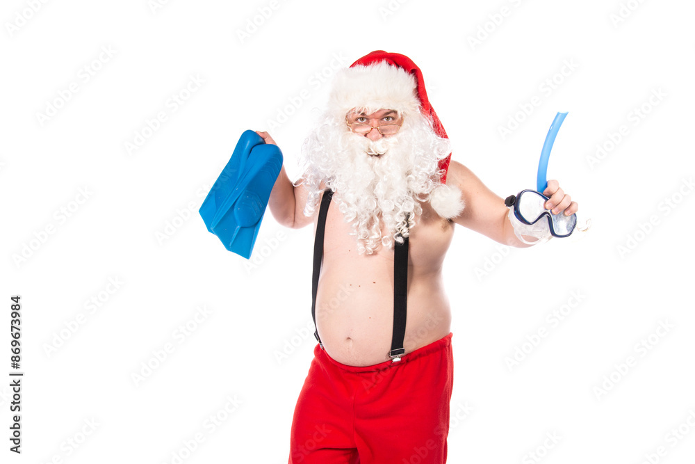 Obraz premium Summer and vacation. Funny Santa Claus with a mask and flippers. White background.