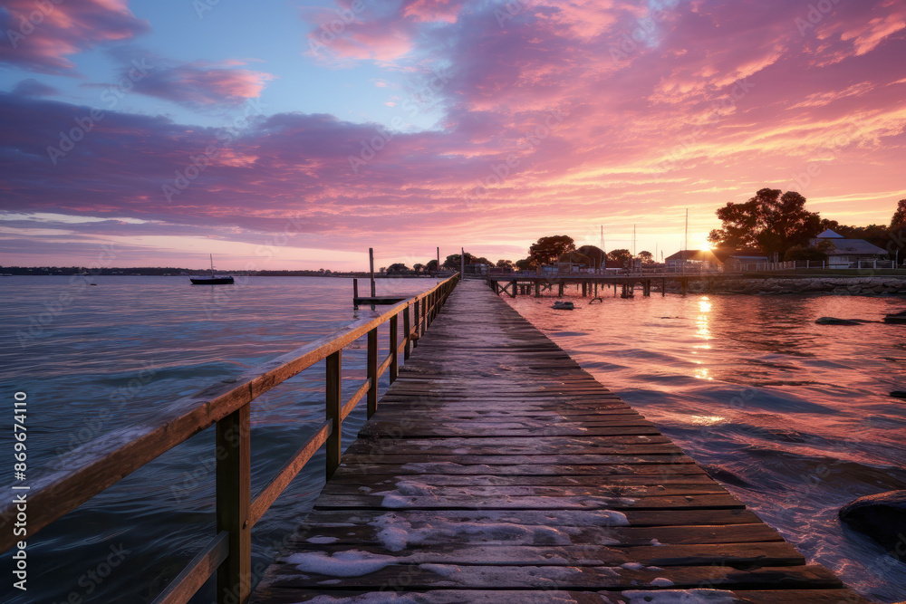 Naklejka premium Vibrant Sunset over Wooden Pier