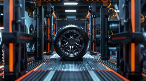 Close-up of black tire on conveyor belt in automotive factory. Silver rim. Metal conveyor belt with black and orange design.