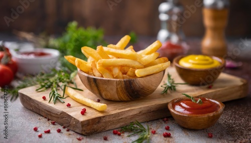 French fries served with ketchup and mustard on a wooden platter