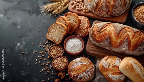 Bakery products on a dark background. Baked goods. Bread and buns top view. The composition of bakery products is decorated with wheat grains.