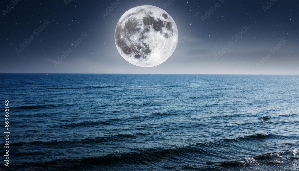 Full Moon Rising Over Empty Ocean at Night Full Moon Rising Over Empty Ocean at Night