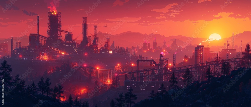 Naklejka premium Glowing Sunset in Abstract: Rare Metal Mining Operation with Illuminated Machinery
