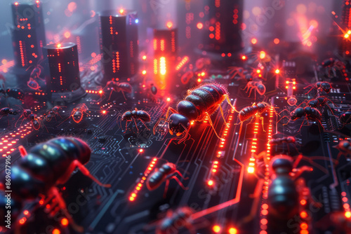 A macro shot of an ant colony with sleek, modern architecture and neon lights, resembling a futuristic cityscape, photo