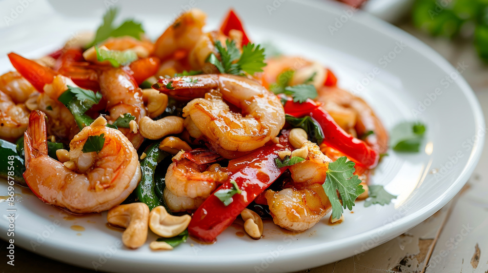 A plate of shrimp and vegetables with a side of peanuts A plate of shrimp and vegetables with a side of peanuts