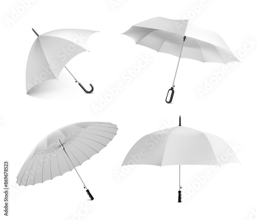 White umbrella. Realistic parasol different angles view, isolated elements for marketing branding. Rain protection accessory. Mockup collection. Vector 3d waterproof canopy illustration set