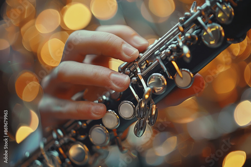 Macro image of the keys on a clarinet, with the musicianâ€™s fingers pressing down to create a beautiful melody, photo