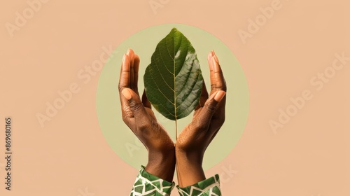 A pair of African American hands holding up an isolated leaf. eco-friendly, Green Solutions, Environmental Awareness, Climate Change Awareness