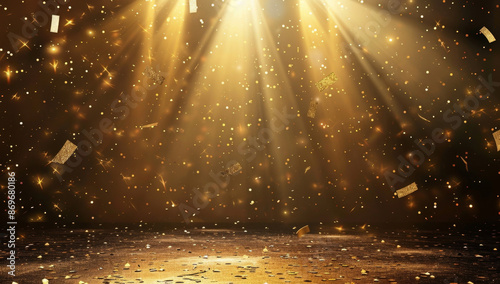 Abstract golden shiny stage background with spotlight and falling confetti
