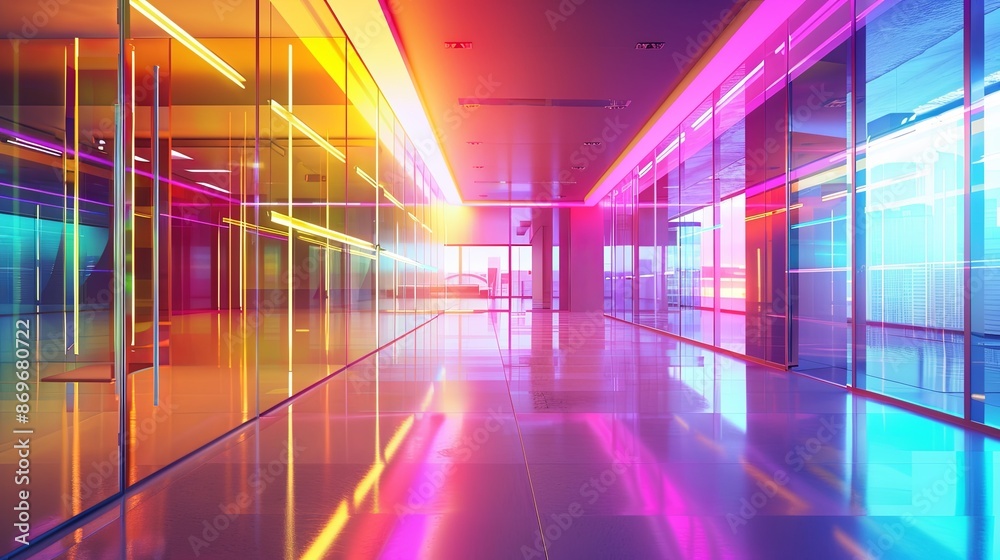 Fototapeta premium Illuminated Glass Wall in Futuristic High-Tech Office - 3D Rendering