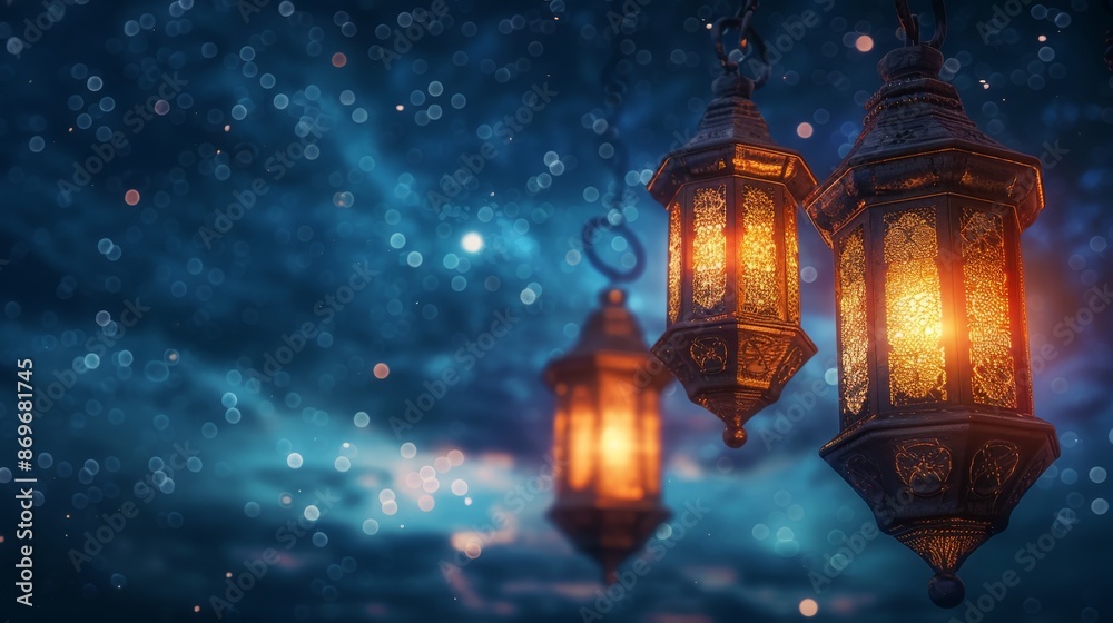 Fototapeta premium Glowing Traditional Arabic Lanterns against a starry night sky background. Concept for Ramadan, Islam, Islamic holidays, Eid Mubarak, and religious celebrations.