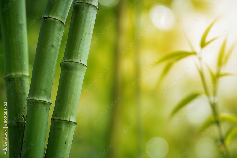 Fototapeta premium Closeup of bright green bamboo stems on a blurred green background with space for text or ads