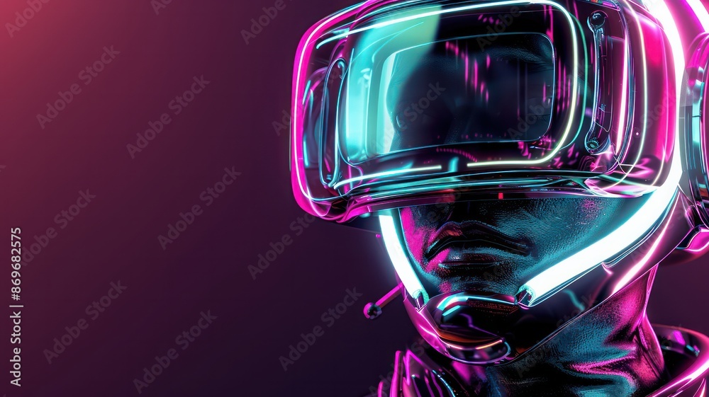 A man in a virtual reality headset is wearing a black suit. The image is in neon colors and has a futuristic feel to it A man in a virtual reality headset is wearing a black suit. The image is in neon colors and has a futuristic feel to it