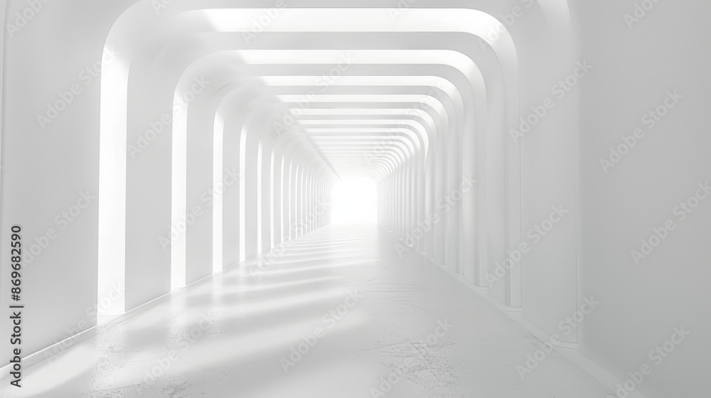 A bright, modern, minimalist white hallway with a glowing light at its end. Futuristic and sleek design. A bright, modern, minimalist white hallway with a glowing light at its end. Futuristic and sleek design.