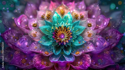 A colorful flower with gold and blue petals. The flower is very large and has a lot of detail