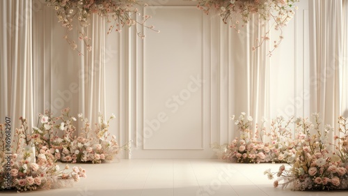 A white room with a long curtain and flowers. The room is empty and has a very clean and elegant look