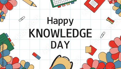 Back to school background in doodle style. Happy knowledge day checkered sheet with school supplies. Template for banner, flyer, presentation, card, poster.