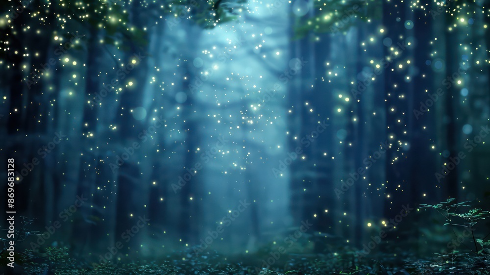A forest with a lot of light shining through the trees. The light is coming from fireflies A forest with a lot of light shining through the trees. The light is coming from fireflies