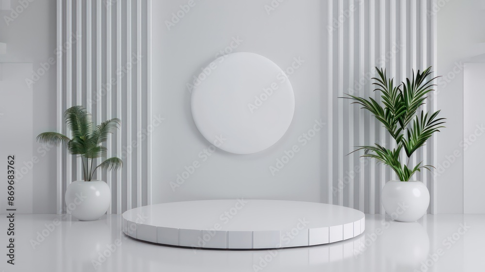 A white room with a white round table and two potted plants. The room is empty and has a minimalist design A white room with a white round table and two potted plants. The room is empty and has a minimalist design