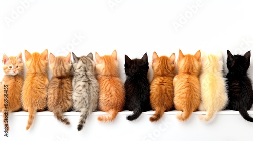 Group of kittens of different colors sitting in portrait with their backs to the camera. photo