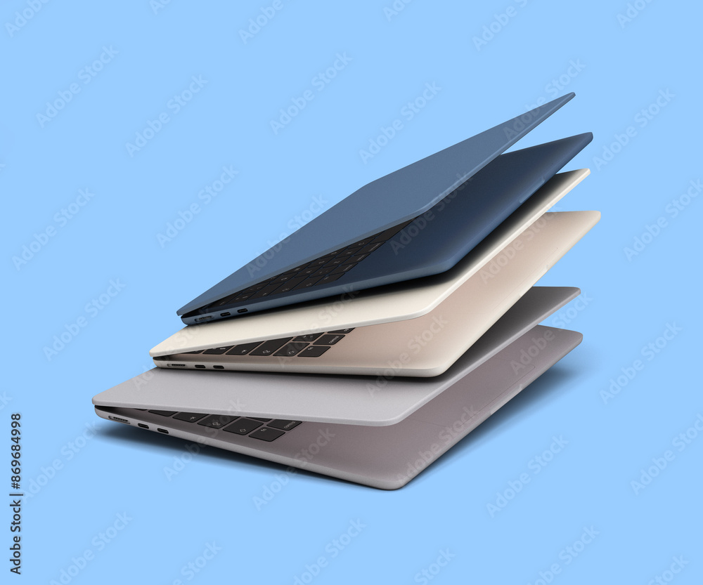new different color open laptops presentation fly in air 3d render on blue