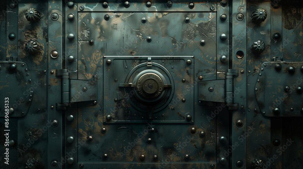 Fototapeta premium metallic safe door made from solid steel, vault for banking and storage, vintage design, 4k realistic