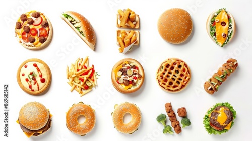 Mouth-watering ensemble of fast food favorites, arranged neatly on a white background to highlight each item