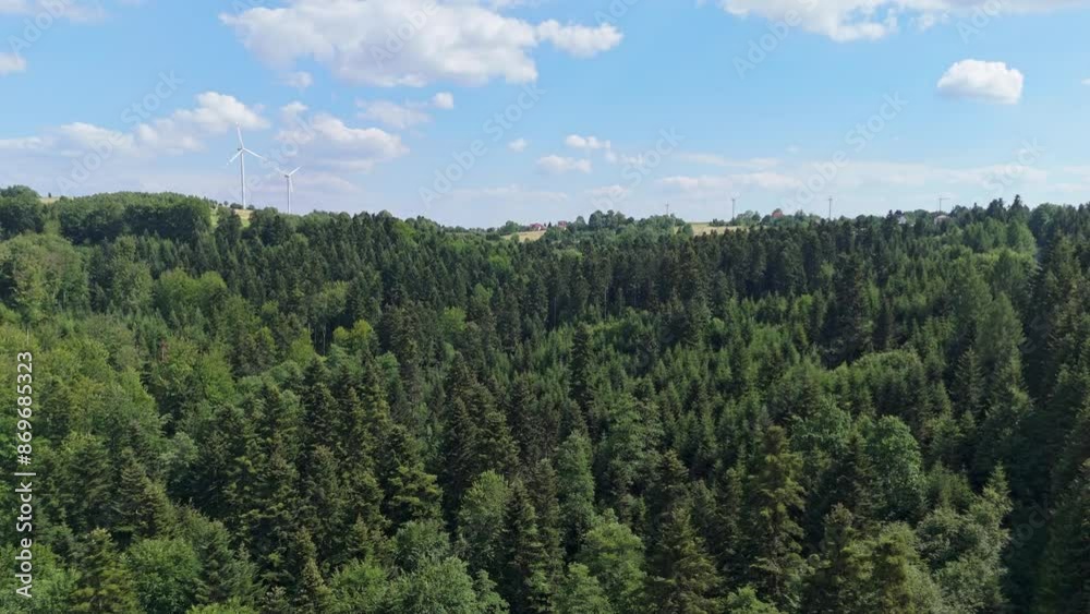 Drone shot of over the forest flying towards a windmill farm. Renewable energy. Drone shot of over the forest flying towards a windmill farm. Renewable energy.