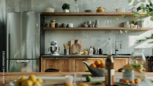 Modern Kitchen Interior with Stainless Steel Appliances and Wooden Accents