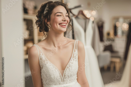 Joyful bride in elegant wedding dress smiling in a bridal boutique, showcasing bridal fashion and happiness on a special day. Free Download Joyful bride in elegant wedding dress smiling in a bridal boutique, showcasing bridal fashion and happiness on a special day. - GFXLoad